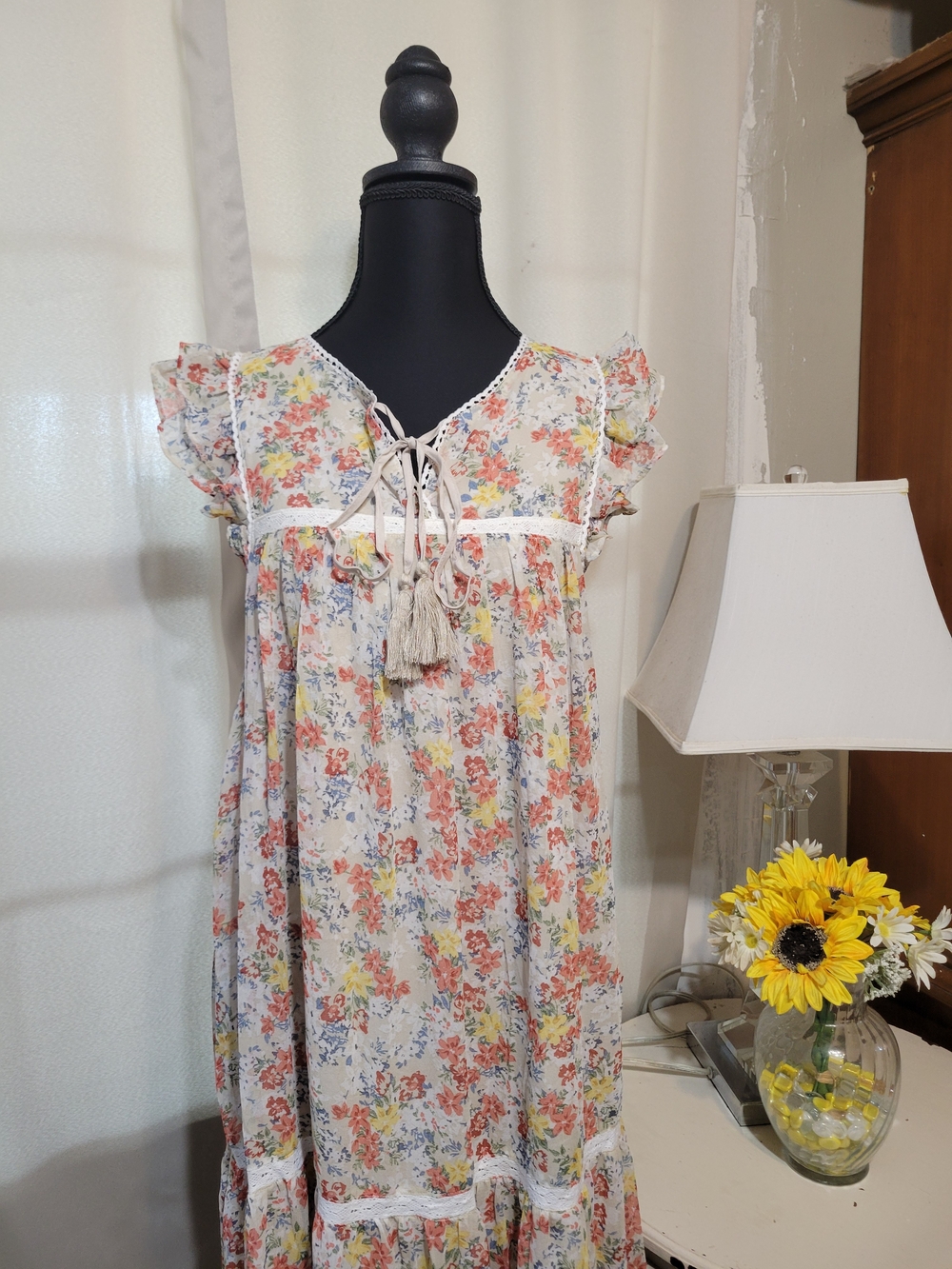 Bohemian Floral Maxi Dress with Tassel Tie - Cream Floral - Picture 5 of 6